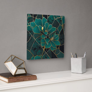 Relógio Quadrado Mosaico Floral de Mármore Art Déco Esmeralda Verde