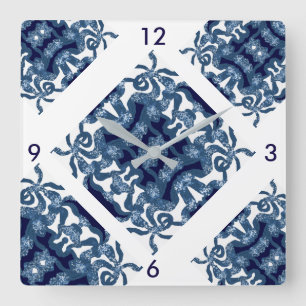 Relógio Quadrado Mosaico Moderno Wall Clock em Azul e Branco Marinh