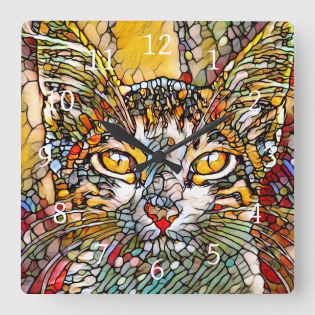 Relógio Quadrado Mosaico Multicolorido Cat 697 (Frente)