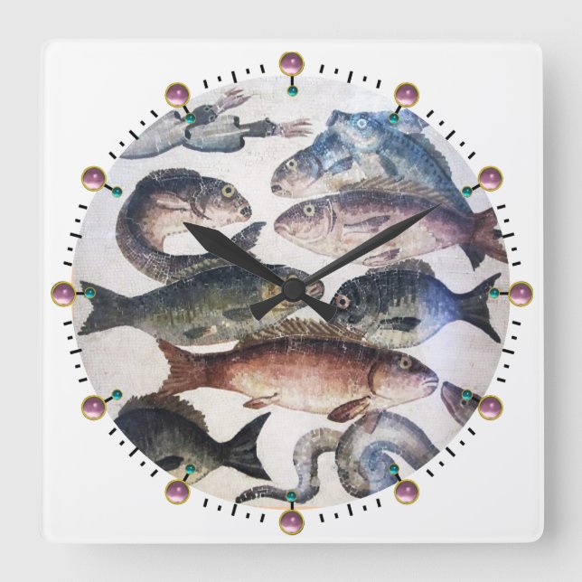 RELÓGIO QUADRADO MOSAÍDOS ROMANOS ANTIGOS, PESCAS, CENA CÉLULA DE V (Frente)