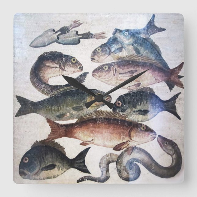 RELÓGIO QUADRADO MOSAÍDOS ROMANOS ANTIGOS, PESCAS, CENA CÉLULA DE V (Frente)