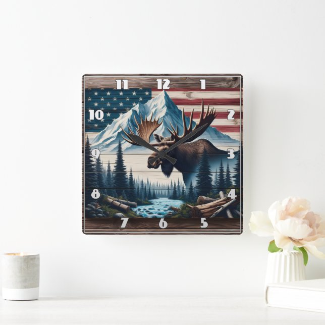 Relógio Quadrado Mose Majestosa em frente a Montanhas e Bandeira (Lar)
