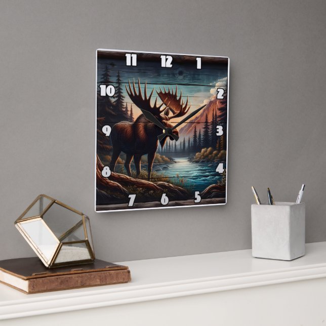 Relógio Quadrado Mose Majestosa por Tranquil Mountain Stream (Escritório)
