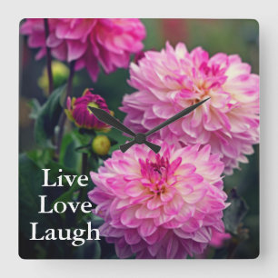Relógio Quadrado Motivação da Flor Dahlia Rosa e Branca