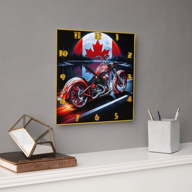 Relógio Quadrado Motocicleta canadense com bandeira lua (Escritório)