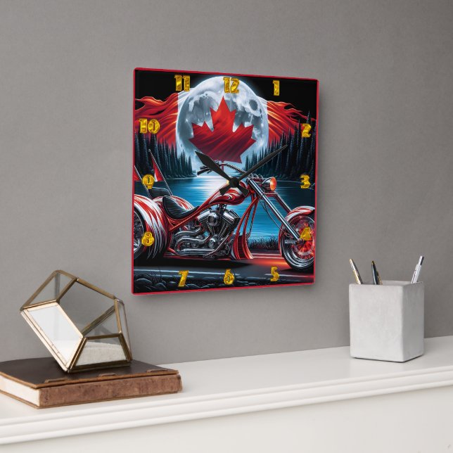 Relógio Quadrado Motocicleta com bandeira canadiana à noite (Escritório)