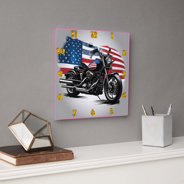 Relógio Quadrado Motocicleta com pano de fundo de bandeira american (Escritório)