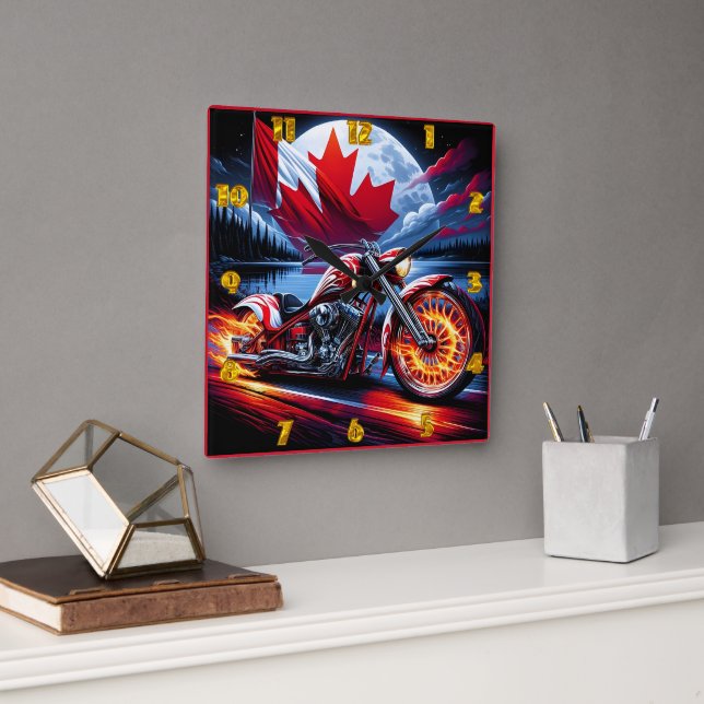Relógio Quadrado Motociclo vibrante com bandeira canadense perto de (Escritório)