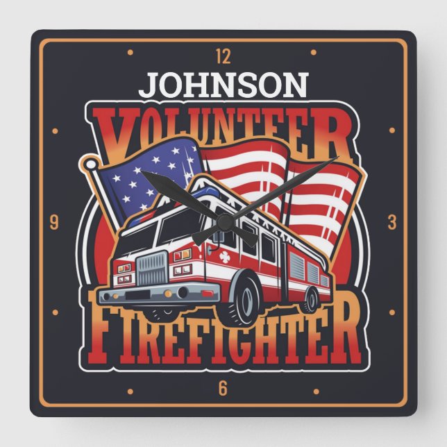Relógio Quadrado Motor de Fogo NOME EUA Bandeira Bombeiro Voluntári (Frente)