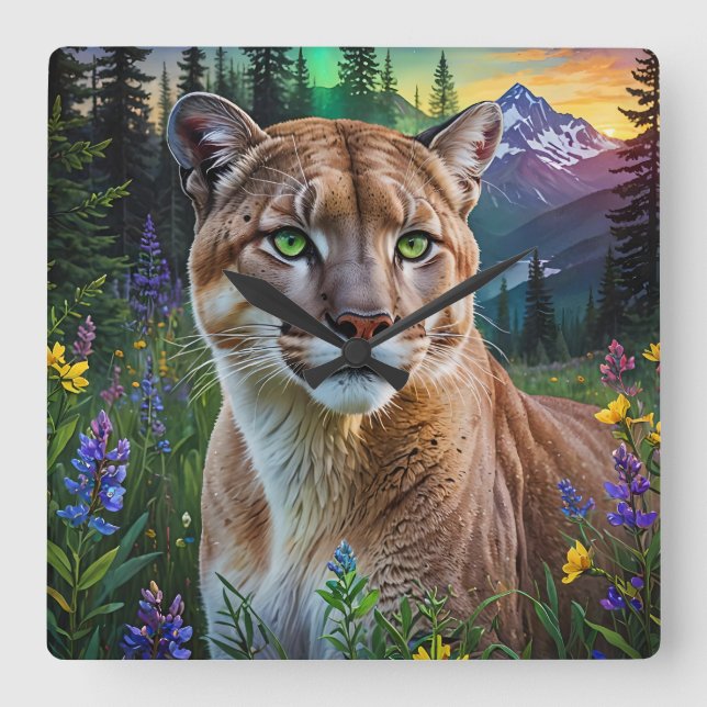 Relógio Quadrado Mountain Lion Floral (Frente)