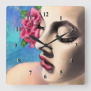 Relógio Quadrado Mulher Bela com Rosa vermelha - Pintura Original
