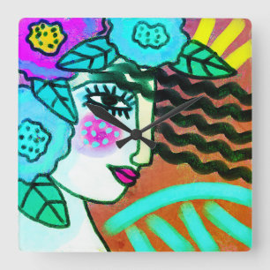 Relógio Quadrado Mulher com Flores Abstrato Art