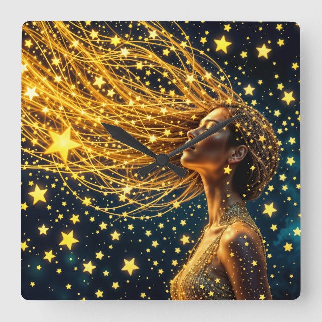 Relógio Quadrado Mulher cósmica com cabelo de ouro estrelado brilha (Frente)