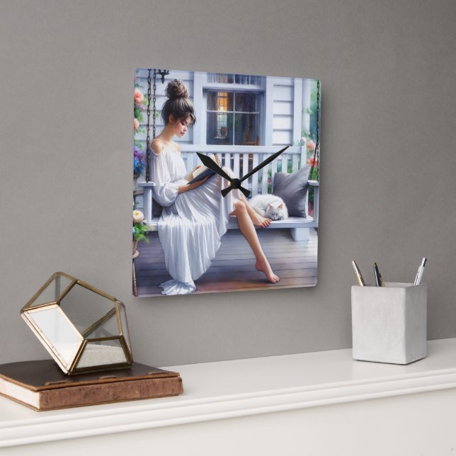 Relógio Quadrado Mulher Jovem Lendo Um Livro Com Gato (Escritório)