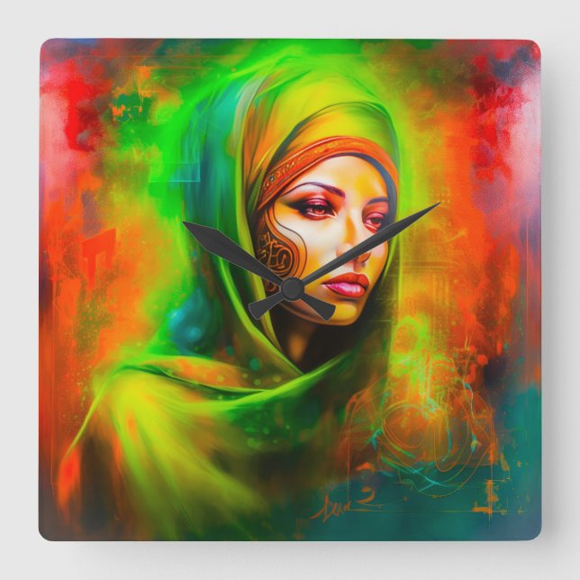 Relógio Quadrado Mulher mística em cores neonárias (Frente)