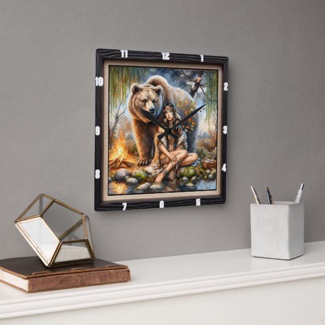 Relógio Quadrado Mulher Nativa Indiana Ursa Selvagem (Escritório)