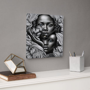 Relógio Quadrado Mulheres Afro-Americanas Abstratas Preto e Branco
