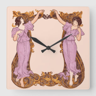 Relógio Quadrado Mulheres Art Nouveau Moldura Floral Decorativa Vin