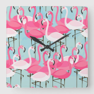 Relógio Quadrado Multidão cor-de-rosa e branca de flamingos