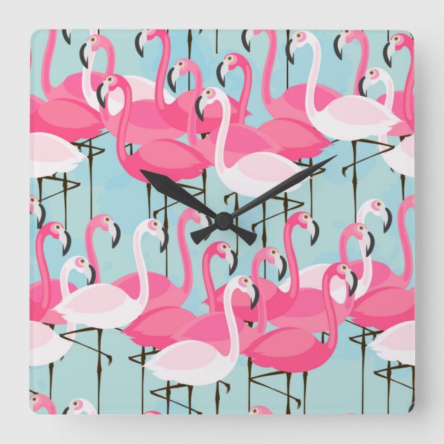 Relógio Quadrado Multidões De Flamingos, Rosa E Branco (Frente)