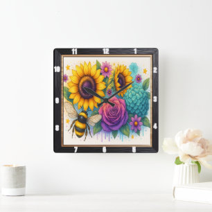 Relógio Quadrado Muro de Jardim de Abelhas de Girassol