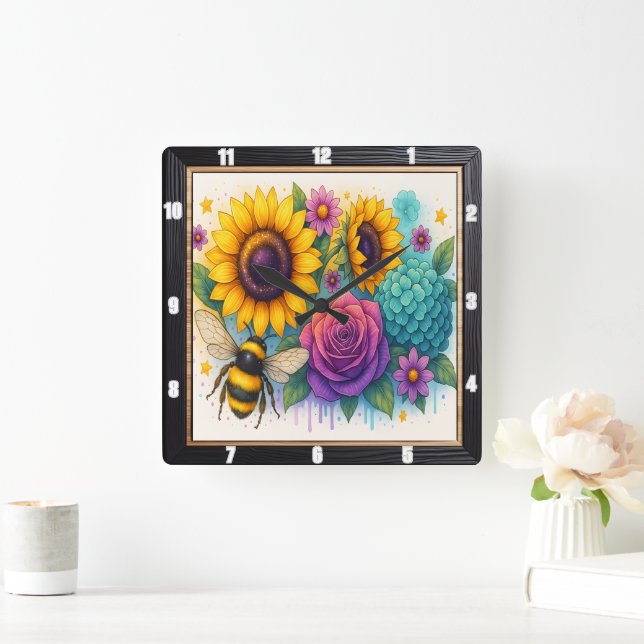 Relógio Quadrado Muro de Jardim de Abelhas de Girassol (Lar)