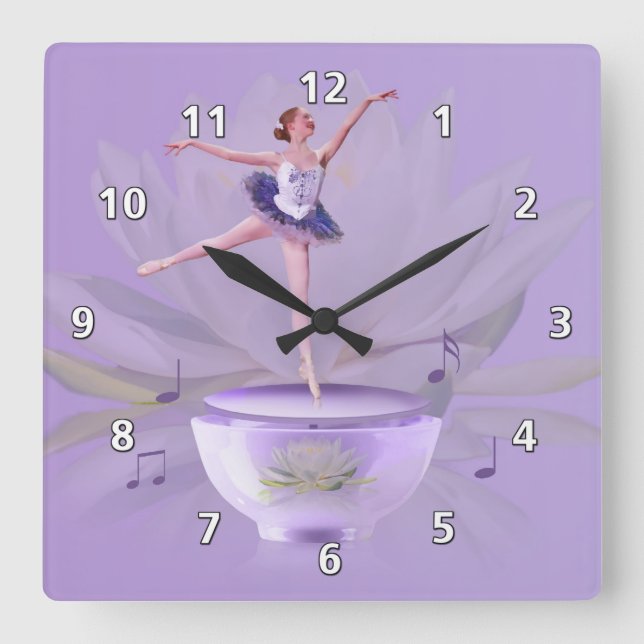 Relógio Quadrado Music Box Ballerina com Water Lily (Frente)