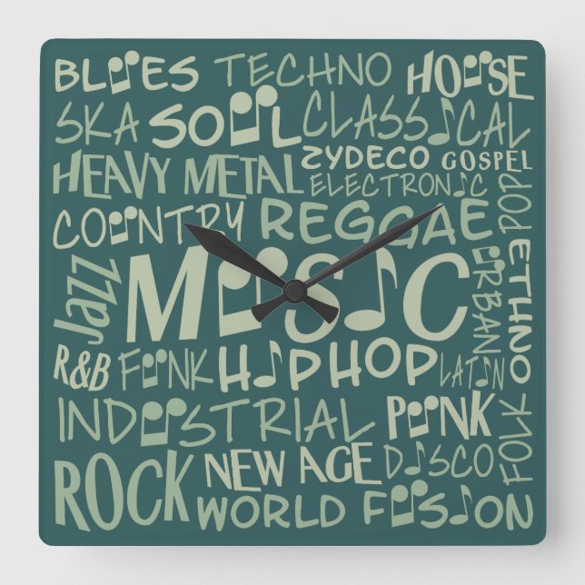 Relógio Quadrado Music Genres Word Collage clock de parede (Frente)