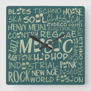 Relógio Quadrado Music Genres Word Collage clock de parede