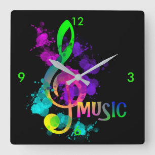 Relógio Quadrado Music Treble Clef Rainbow Colors Paint Splatter