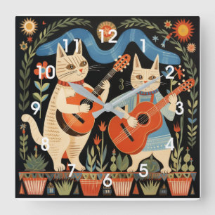 Relógio Quadrado Musical Cats Folk Art
