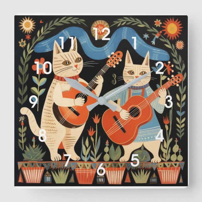 Relógio Quadrado Musical Cats Folk Art (Frente)