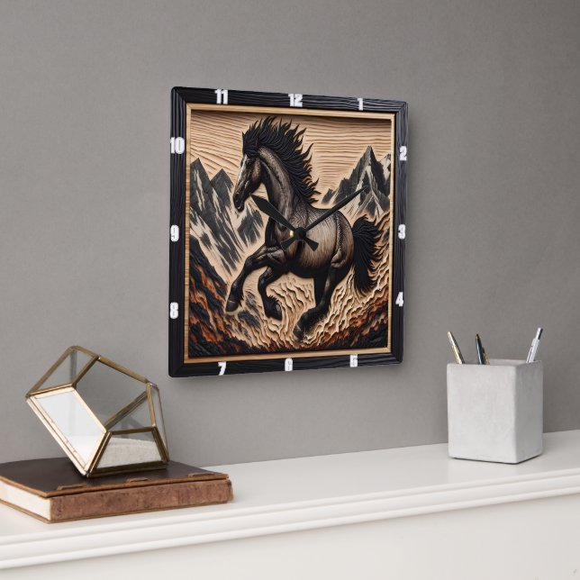 Relógio Quadrado Mustang Bronc Kicking numa Bacia Highland (Escritório)