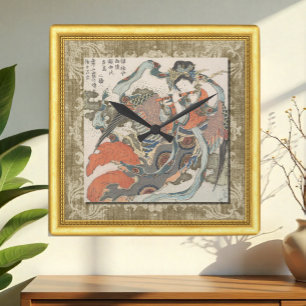 Relógio Quadrado Mystical Buddhist Bird, K. Hokusai, Japão, enquadr