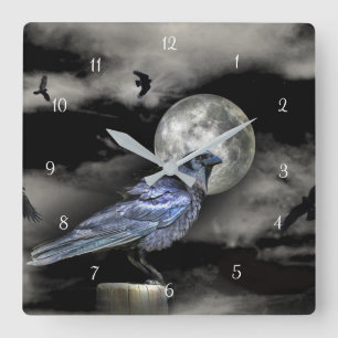 Relógio Quadrado Mystical Magical Raven and Moon