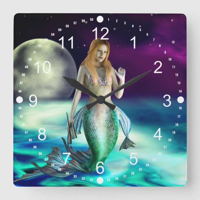 Relógio Quadrado Mystical Mermaid Ocean Waves Moon Beach Fantasy (Frente)