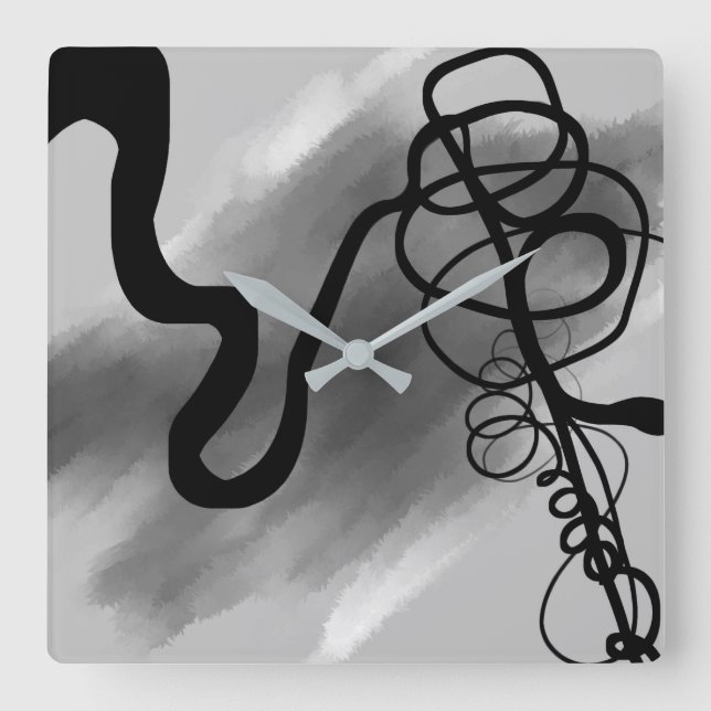 Relógio Quadrado Na grade: Cinza Abstrato, Preto e Branco (Frente)