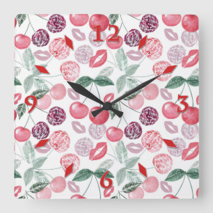 Relógio Quadrado Na moda de fruta de cereja vermelha