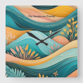 Relógio Quadrado Na moda Monograma de Paisagem de Groovy Retro