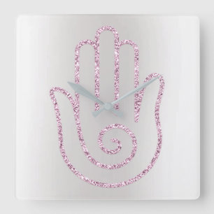 Relógio Quadrado Namaste Saudação Cinza Brilhante Mão Rosa