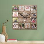 Relógio Quadrado Nana Nós Te Amo 12 Foto Colagem De Madeira Rústica<br><div class="desc">Relógio de colagem de fotos de madeira rustica personalizado com 12 fotos,  nomes de netos e 'Nana Nós te amamos' tipografia.</div>