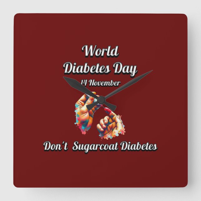 Relógio Quadrado Não faça diabetes. Dia Mundial da Diabetes. (Frente)
