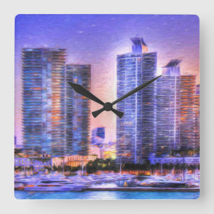Relógio Quadrado Nascer do Sol no Vibrante Horizonte de Miami