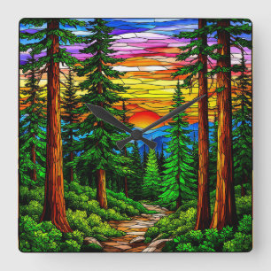 Relógio Quadrado Nascer do Sol Sobre uma Paisagem Florestal Tranqui