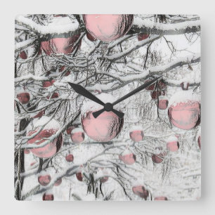 Relógio Quadrado Natais vintages Ornamento árvores nevadas desenho