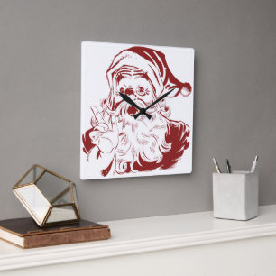 Relógio Quadrado Natal Antigo, Alegre Papai Noel Retro, Vermelho