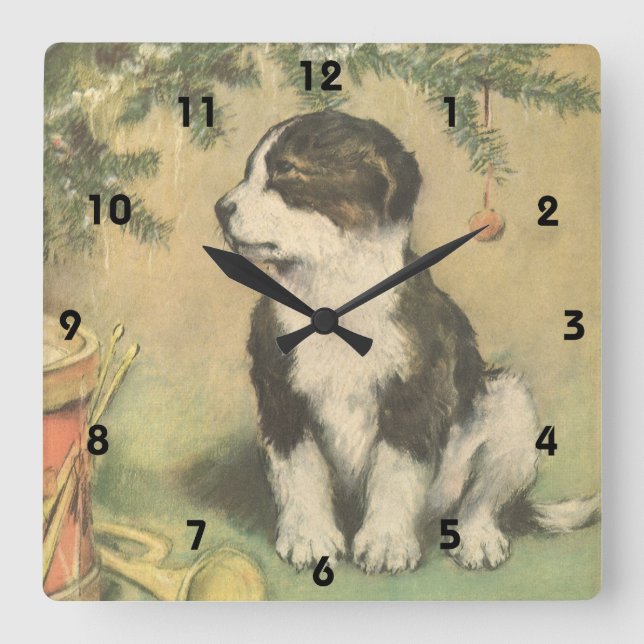 Relógio Quadrado Natal Antigo, Cachorrinho Debaixo da Árvore de Nat (Frente)