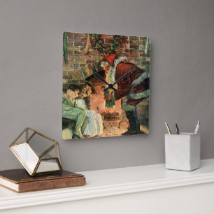 Relógio Quadrado Natal Antigo, Crianças com Papai Noel Vitoriano