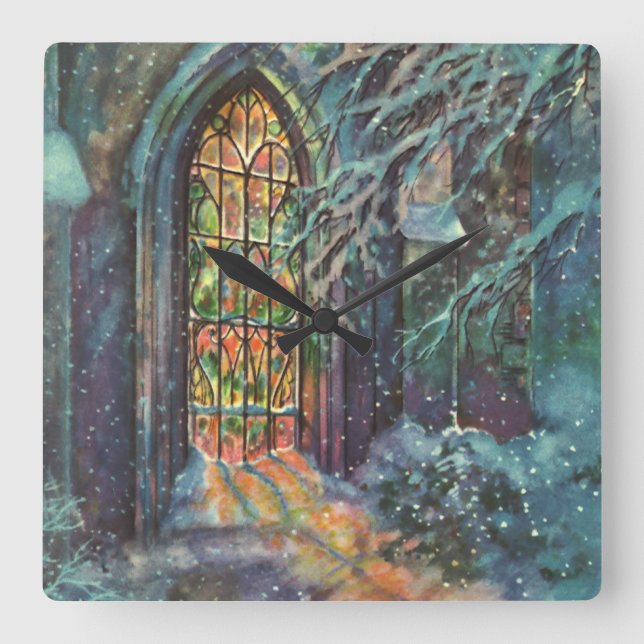 Relógio Quadrado Natal Antigo Igreja com Vitral (Frente)