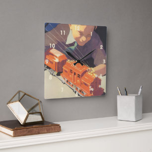 Relógio Quadrado Natal Antigo, Menino Brincando com Trem de Brinque